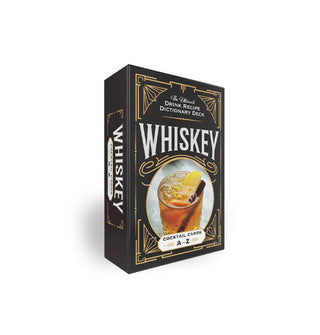 Black box of Whiskey Cocktail Cards featuring gold accents, white lettering,  and a central image of an iced beverage