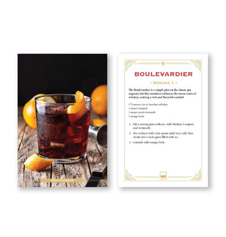 Sample recipe from Whiskey Cocktail Cards A-Z features instructions for making and photograph of a Boulevardier