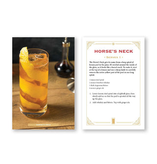 Sample recipe from Whiskey Cocktail Cards A-Z features instructions for making and photograph of a Horse's Neck