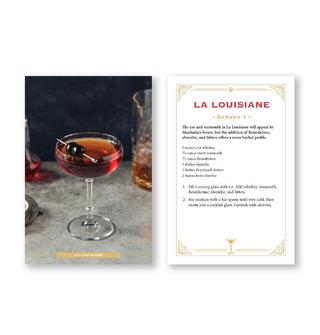 Sample recipe from Whiskey Cocktail Cards A-Z features instructions for making and photograph of a La Louisiane
