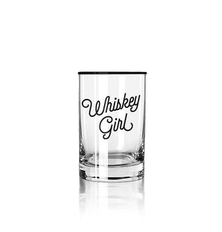 Clear rocks glass says, "Whiskey Girl" in black script