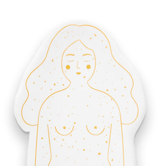 Closeup of the face and chest details on a flecked white incense holder with gold illustrated outlines