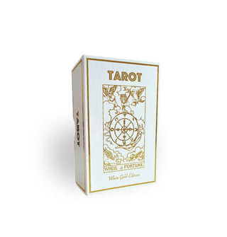 White box of White Gold Edition tarot cards with gold foil lettering and illustration