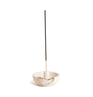 Round white incense stick holder with gold foil-trimmed clear quartz cutout