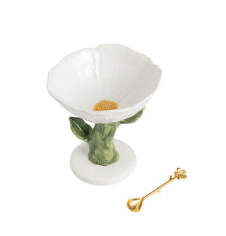 Hand-painted ceramic white flower pedestal dish with accompanying gold spoon