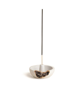 Round white incense stick holder with gold foil-trimmed smoky quartz cutout