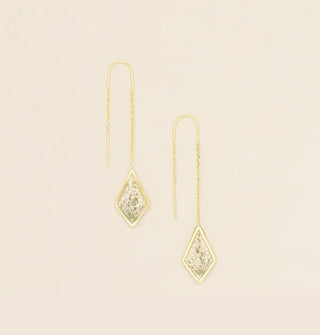 Pair of gold threader earrings with a diamond-shaped dangle containing resin-encased pressed white lacy flowers