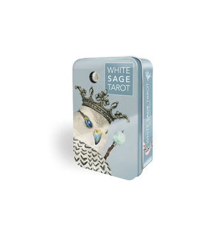 White Sage Tarot card deck tin with illustration of a bird with crown, cloak and scepter under a quarter moon