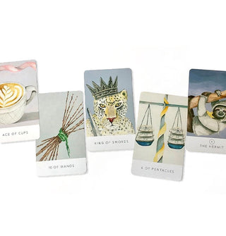 Sample cards from the White Sage Tarot deck: Ace of Cups, 10 of Wands, Kind of Swords, 6 of Pentacles, and The Hermit