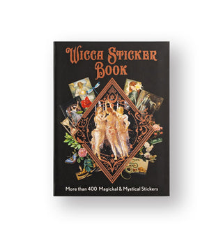 Black cover of Wicca Sticker Book features copper-colored title lettering and an ornate central collection of sample illustrations from the book