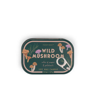 Dark green rectanular Wild Mushroom Soy Wax Candle tin with rounded corners and decorative pull tab