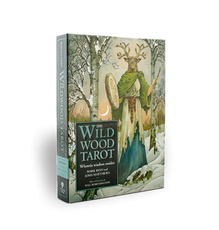 The Wildwood Tarot book features full-cover illustration of an antlered figure in a snowy forest