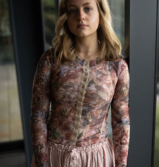 Model wears a long-sleeved floral print top with snap button front and tan placket