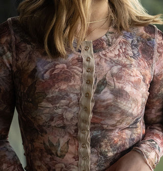 Model wears a long-sleeved floral print top with snap button front and tan placket