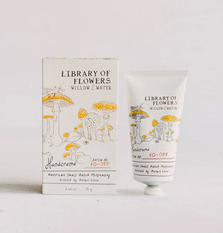 White box and tube of Library of Flowers Willow & Water Handcreme each feature monochromatic illustrations of yellow-capped mushrooms and grasshopper