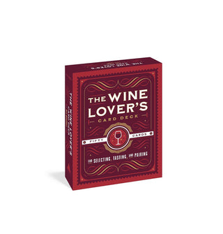Red box of The Wine Lover's Card Deck for Selecting, Tasting, and Pairing with white lettering and gold design flourishes