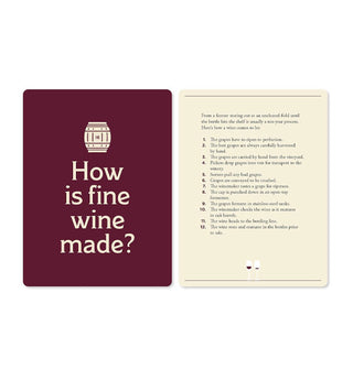Front and back of a card from The Wine Lover's Card Deck provides a numerical list for the question, "How is fine wine made?"