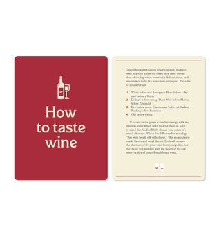 Front and back of a card from The Wine Lover's Card Deck provides an explanation with numerical list for the topic, "How to taste wine"