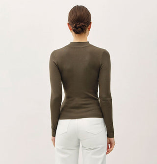 Model facing away from the camera wears a long-sleeved dark gray-green mock turtleneck top with white jeans