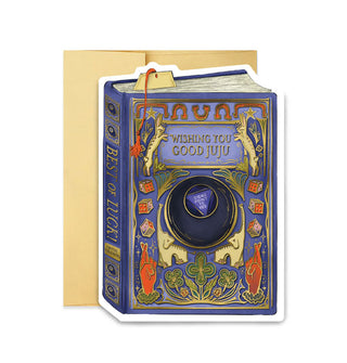 Greeting card in front of a gold envelope is designed to resemble a book with a central Magic 8 Ball design in which the fortune printed is, "Signs point to yes," under the title, "Wishing You Good Juju," all surrounded by good luck symbols, and a message on the spine that reads, "Best of luck"