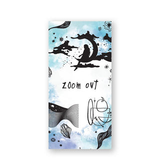 "Zoom out" card from The Witchcraft Therapy Oracle deck features blue watercolor and black illustrations