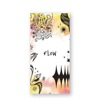 "Flow" card from The Witchcraft Therapy Oracle deck features yellow and pink watercolor and black illustrations
