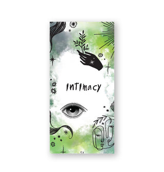 "Intimacy" card from The Witchcraft Therapy Oracle deck features green and gray watercolor and black illustrations