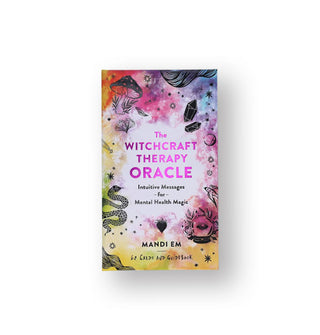Box of The Witchcraft Therapy Oracle cards features a multicolored watercolor-effect edge with black illustrations around central metallic pink title lettering
