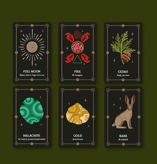 Sample cards from The Witch of the Forest's Earth Oracle Deck include Full Moon, Fire, Cedar, Malachite, Gold, and Hare, each with colorful corresponding illustrations