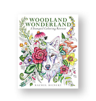 Cover of Woodland Wonderland: A Tranquil Coloring Retreat features a partially colored-in illustration of a wolf's face partially obscured by intricate flowers, ferns, and mushrooms