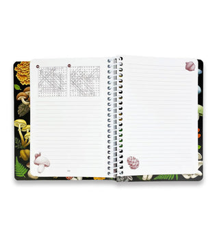 Page spread in Word Search Puzzles for Clarity features puzzle answers and lined note taking sections accented with monochromatic mushroom, pinecone, and acorn illustrations