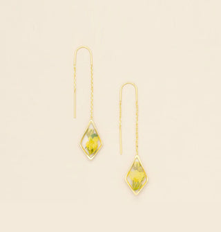Pair of gold threader earrings with a diamond-shaped dangle containing resin-encased pressed yellow flowers and green leaves