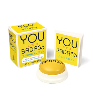 Yellow box, booklet, and button belonging to the You Are a Badass Talking Button kit by Jen Sincero