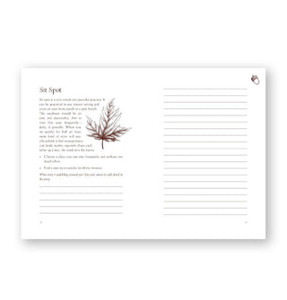 Page spread from Your Guide to Forest Bathing: A Journal features a section titled, "Sit Spot" with a blurb and leaf illustration followed by lined space in which to write