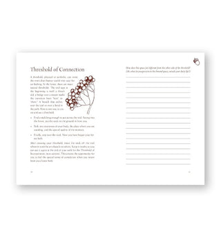 Page spread from Your Guide to Forest Bathing: A Journal features a section titled, "Threshold of Connection" with a blurb and botanical illustration followed by lined space in which to write
