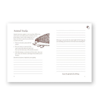 Page spread from Your Guide to Forest Bathing: A Journal features a section titled, "Animal Tricks" with a blurb and hedgehog illustration followed by lined space in which to write