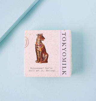 Wrapped square bar of TokyoMilk soap features illustrated of a crowned, seated leopard above the words, "Rrrraaawwr! You've still got it, darling."