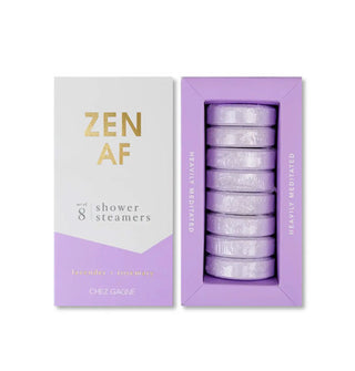 White and purple box of Zen AF Shower Steamers with lid removed to show contents